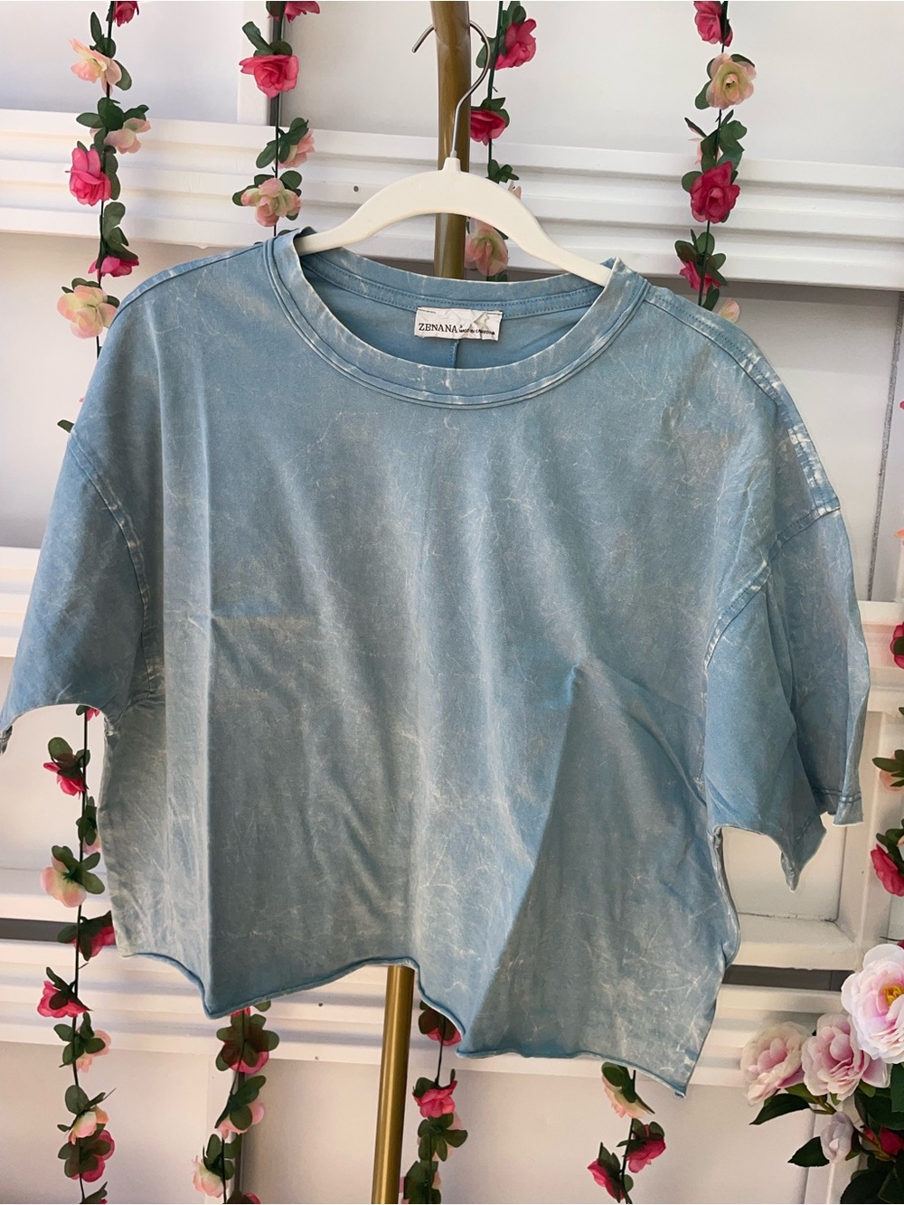 Zenana Outfitters Light Wash Boxy Crop Tee - Blue Grey - Picture 2 of 4